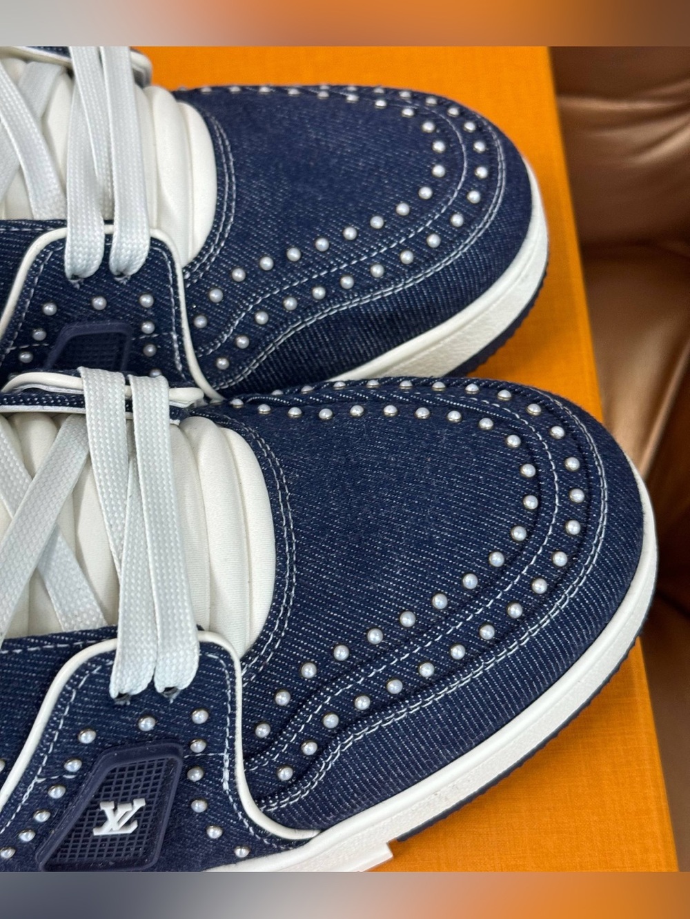 Louis Vuitton LV Trainer Sneaker 1AJ517 Swarovski™ pearls Indigo Blue SIZE 8.5 - Picture 7 of 14